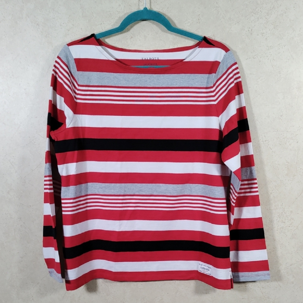 6118 Talbots red, white, black, and gray striped L/S top L NEW